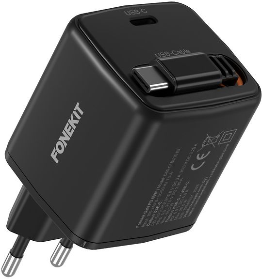 FoneKit GaN PD 65W USB-C laturi sisäänvedettävällä kaapelilla, musta – kuva 3