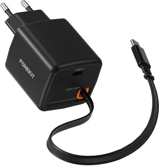 FoneKit GaN PD 65W USB-C laturi sisäänvedettävällä kaapelilla, musta