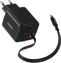 FoneKit GaN PD 65W USB-C laturi sisäänvedettävällä kaapelilla, musta