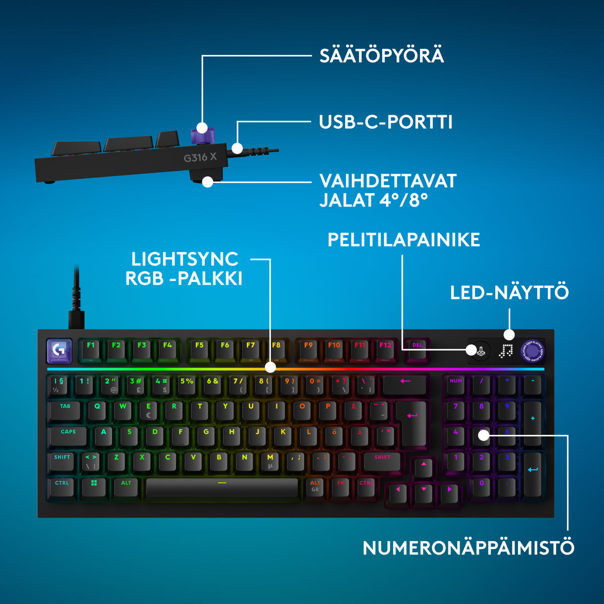 Logitech G316 X 98 pelinäppäimistö, musta – kuva 2