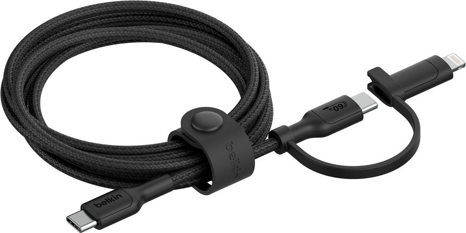 Belkin 2-in-1 USB-C + Lightning kaapeli, musta – kuva 1