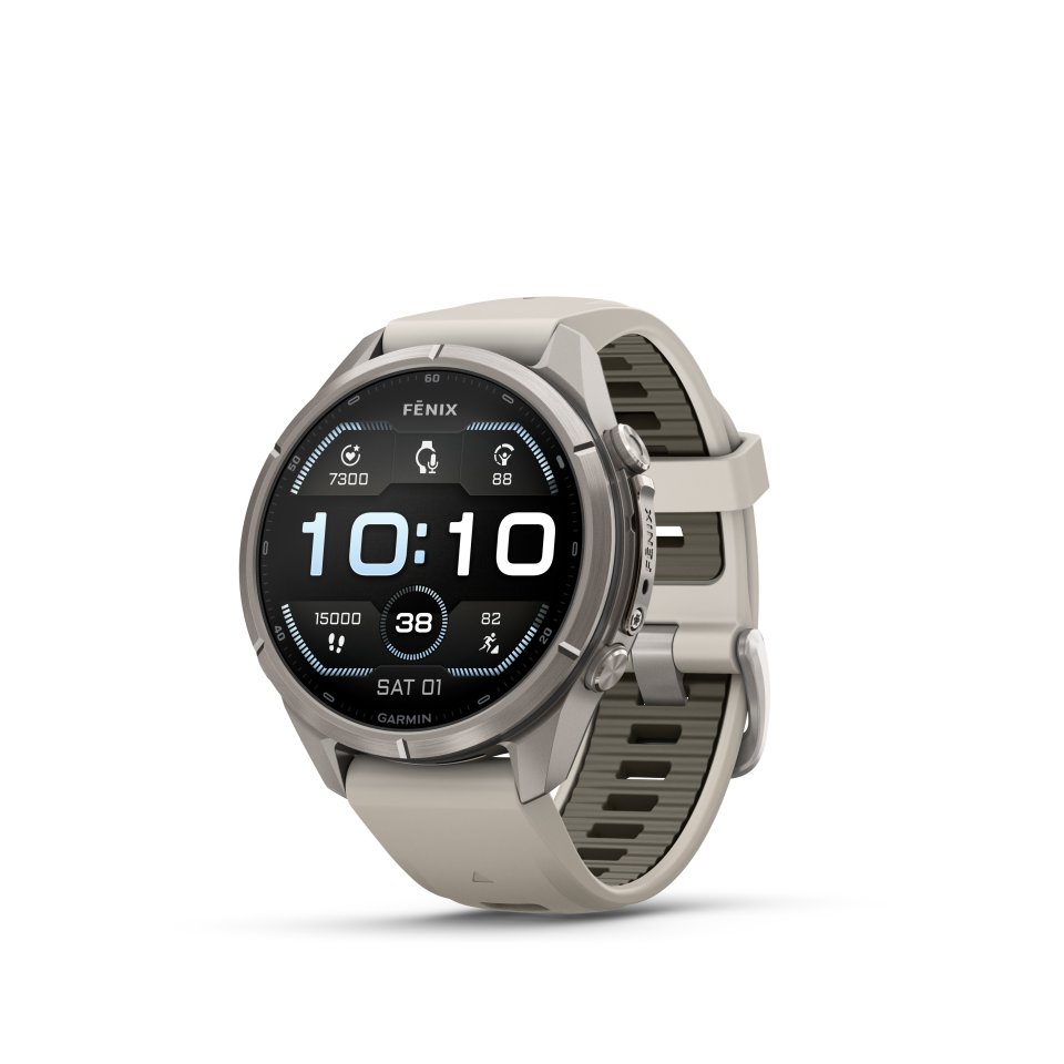Garmin fenix 9 Pro urheilukello, 43 mm, titaani ja Fog Gray/Dark Sandstone silikoniranneke