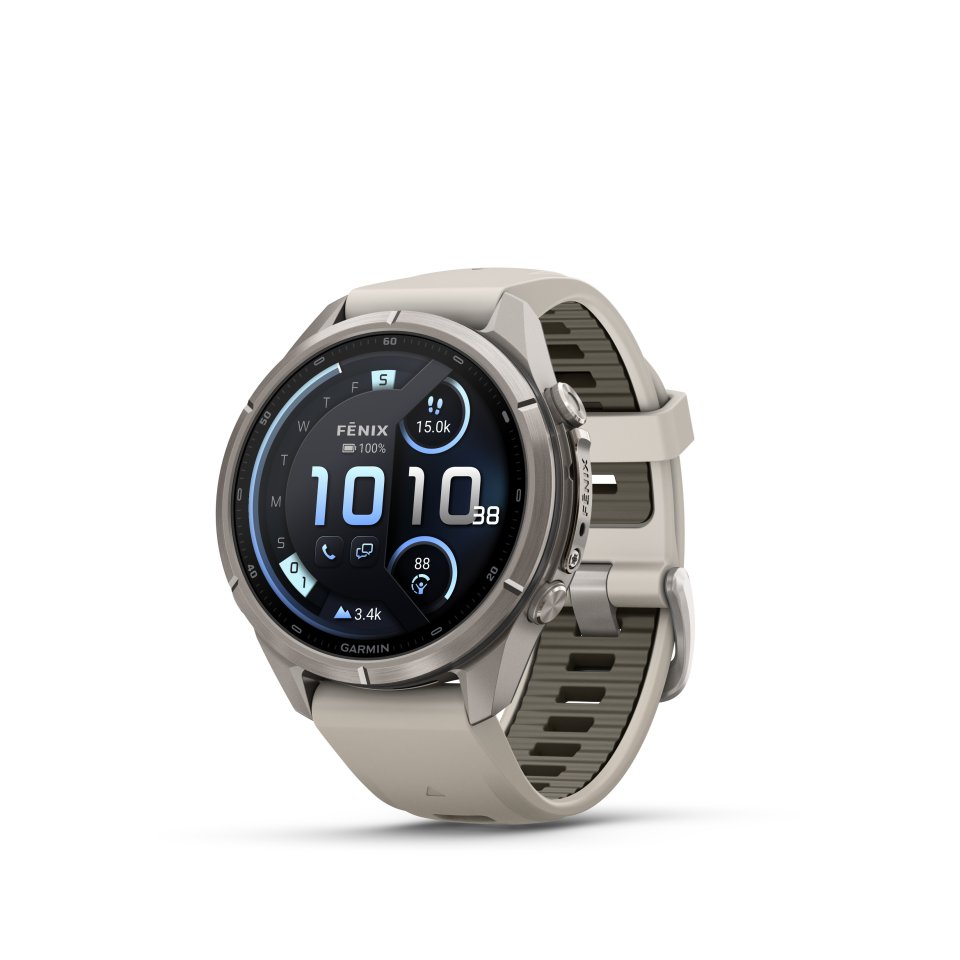 Garmin fenix 9 Pro inReach urheilukello, 43 mm, titaani ja Fog Gray/Dark Sandstone silikoniranneke