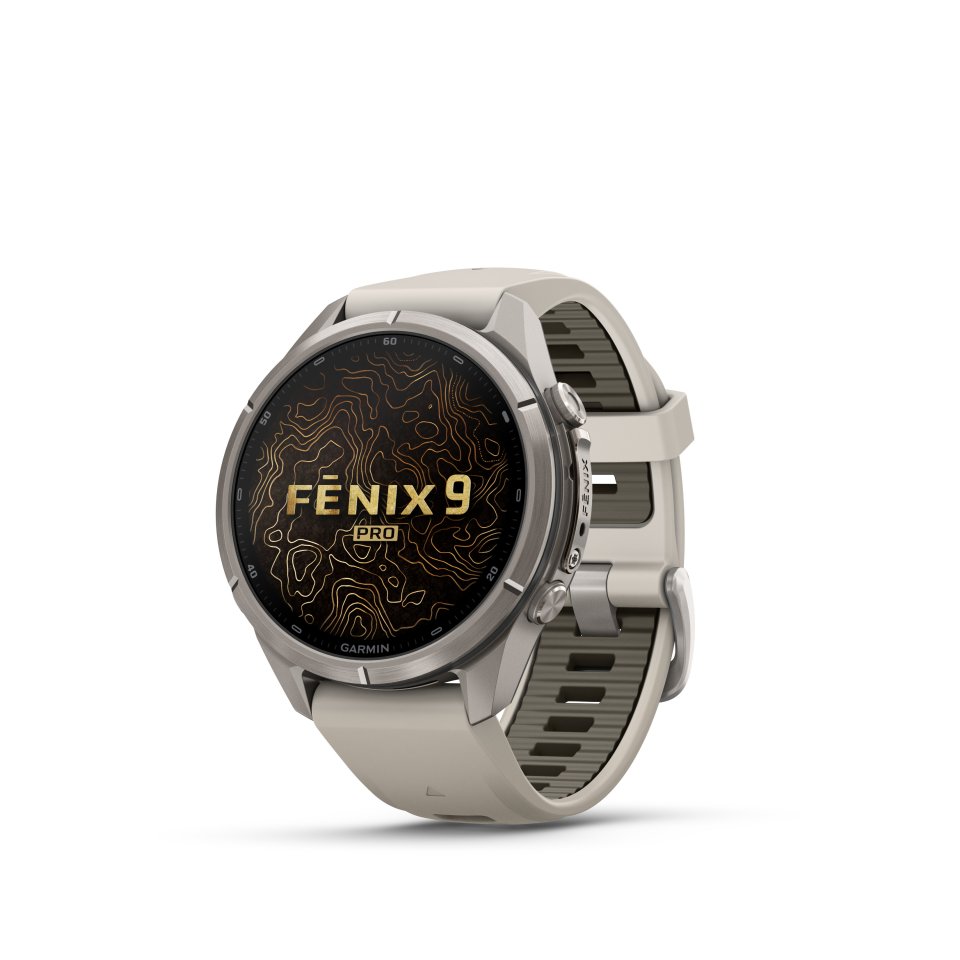 Garmin fenix 9 Pro inReach urheilukello, 43 mm, titaani ja Fog Gray/Dark Sandstone silikoniranneke