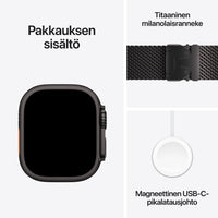 Apple Watch Ultra 4 (GPS + Cellular) 49 mm musta titaanikuori ja musta milanolaisranneke, keskikokoinen