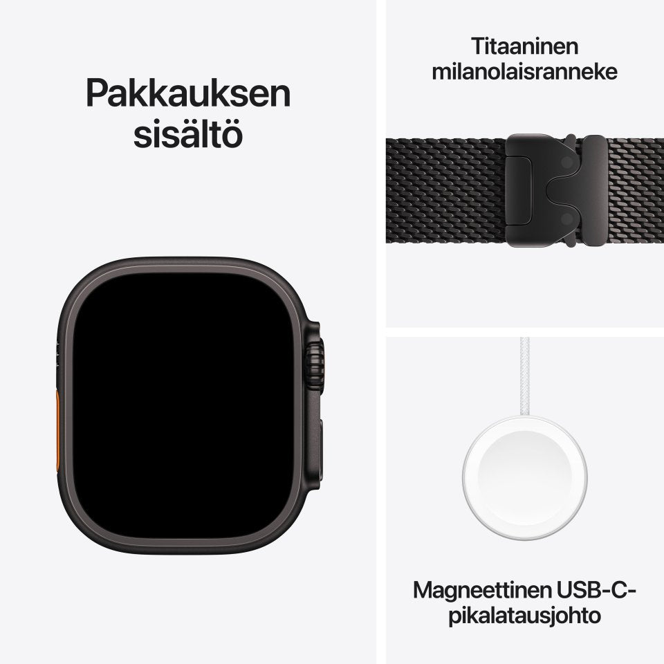 Apple Watch Ultra 4 (GPS + Cellular) 49 mm musta titaanikuori ja musta milanolaisranneke, keskikokoinen