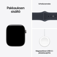Apple Watch Series 12 (GPS) 42 mm tähtiharmaa alumiinikuori ja musteensininen urheiluranneke, M/L