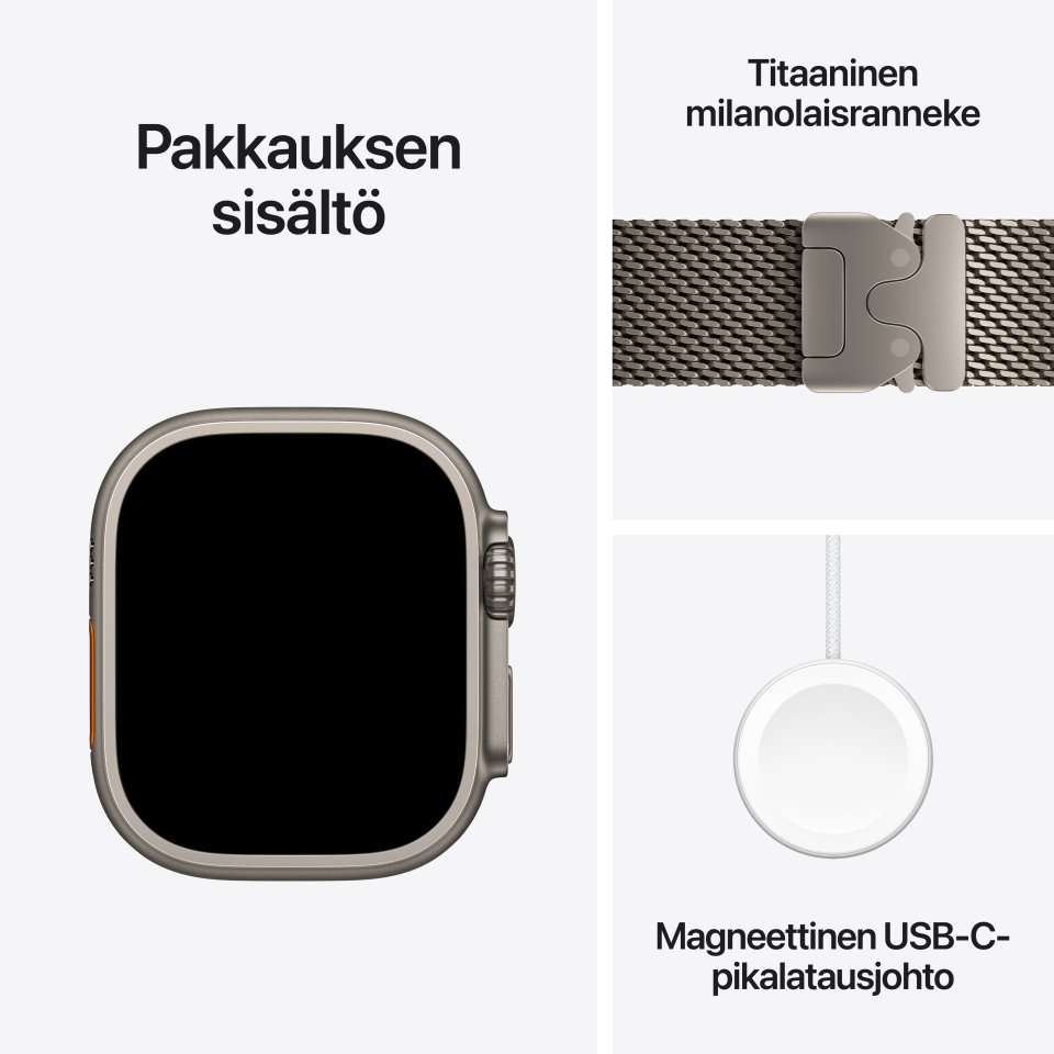 Apple Watch Ultra 4 (GPS + Cellular) 49 mm luonnonvaalea titaanikuori ja luonnonvaalea milanolaisranneke, keskikokoinen