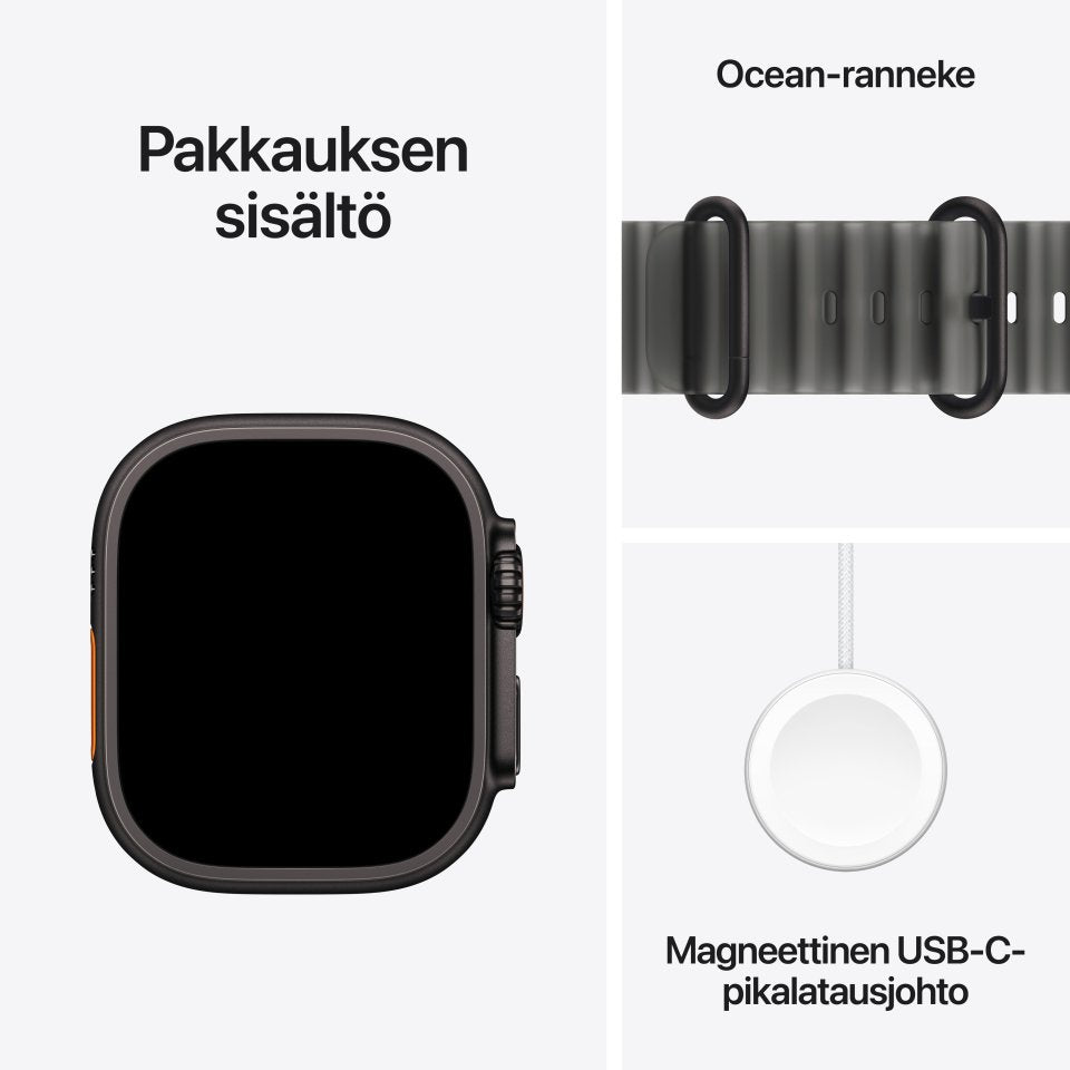 Apple Watch Ultra 4 (GPS + Cellular) 49 mm musta titaanikuori ja kuultomusta Ocean-ranneke