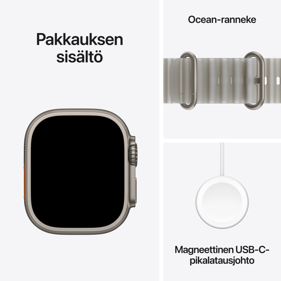 Apple Watch Ultra 4 (GPS + Cellular) 49 mm luonnonvaalea titaanikuori ja kuultoharmaa Ocean-ranneke