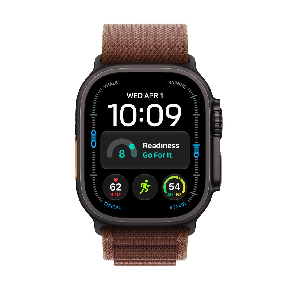 Apple Watch Ultra 4 (GPS + Cellular) 49 mm musta titaanikuori ja viininpunainen Alpine-ranneke, keskikokoinen