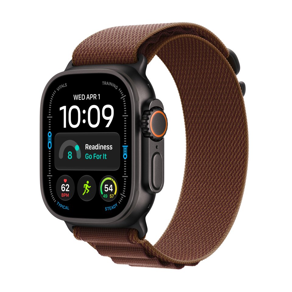 Apple Watch Ultra 4 (GPS + Cellular) 49 mm musta titaanikuori ja viininpunainen Alpine-ranneke, keskikokoinen