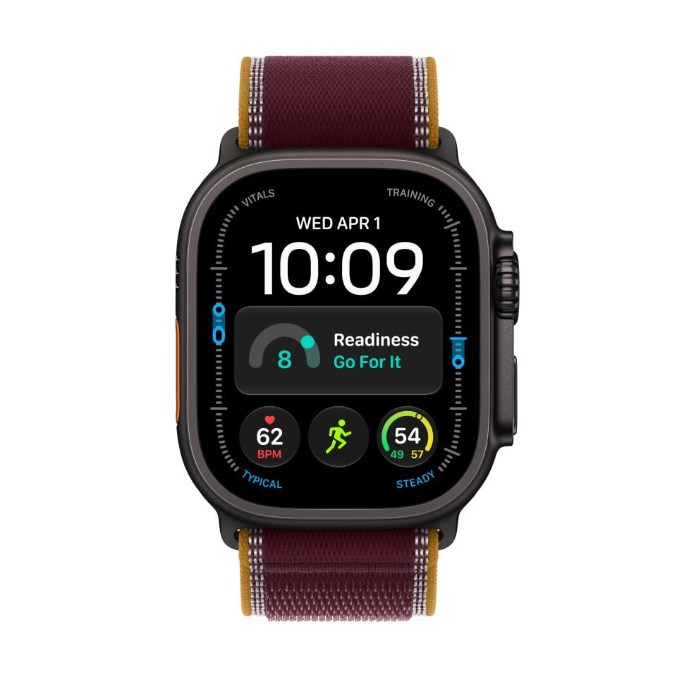 Apple Watch Ultra 4 (GPS + Cellular) 49 mm musta titaanikuori ja viininpunainen Trail-ranneke, S/M