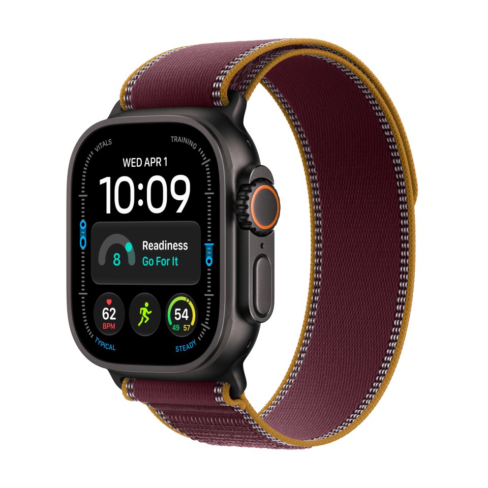 Apple Watch Ultra 4 (GPS + Cellular) 49 mm musta titaanikuori ja viininpunainen Trail-ranneke, M/L