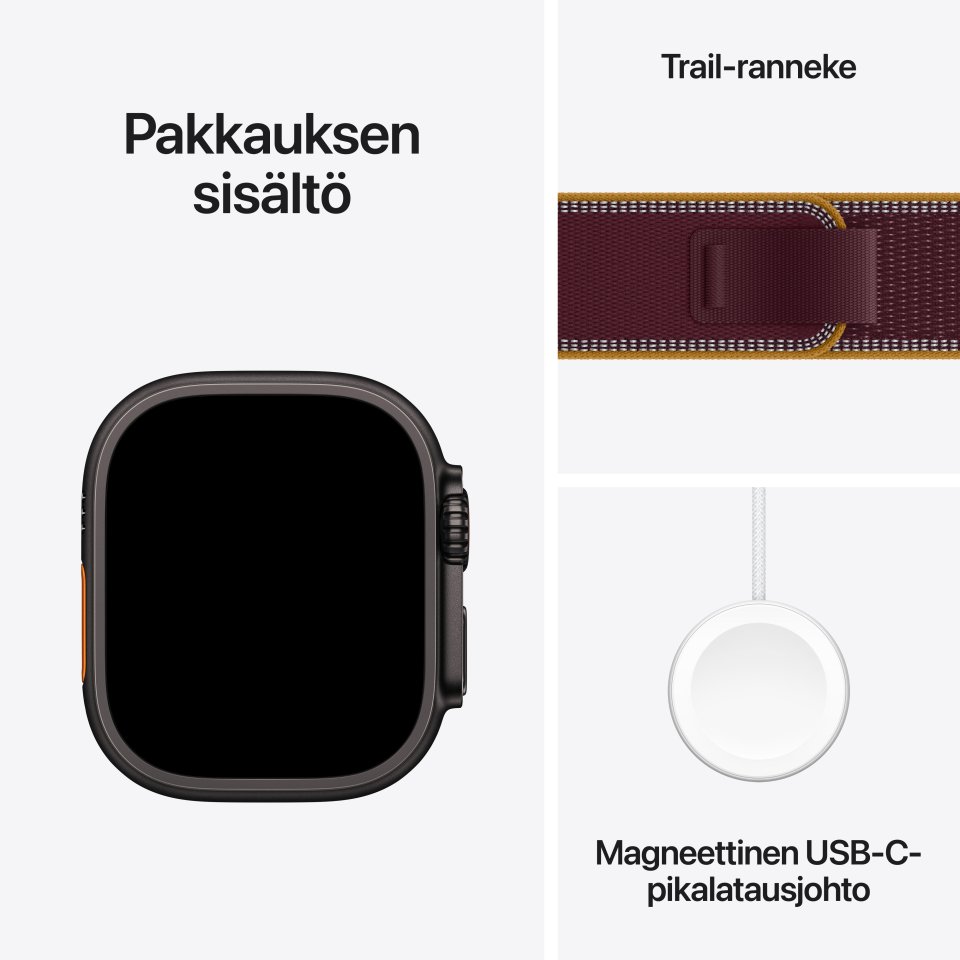Apple Watch Ultra 4 (GPS + Cellular) 49 mm musta titaanikuori ja viininpunainen Trail-ranneke, M/L