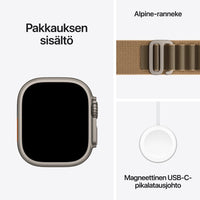 Apple Watch Ultra 4 (GPS + Cellular) 49 mm luonnonvaalea titaanikuori ja aavikko Alpine-ranneke, keskikokoinen