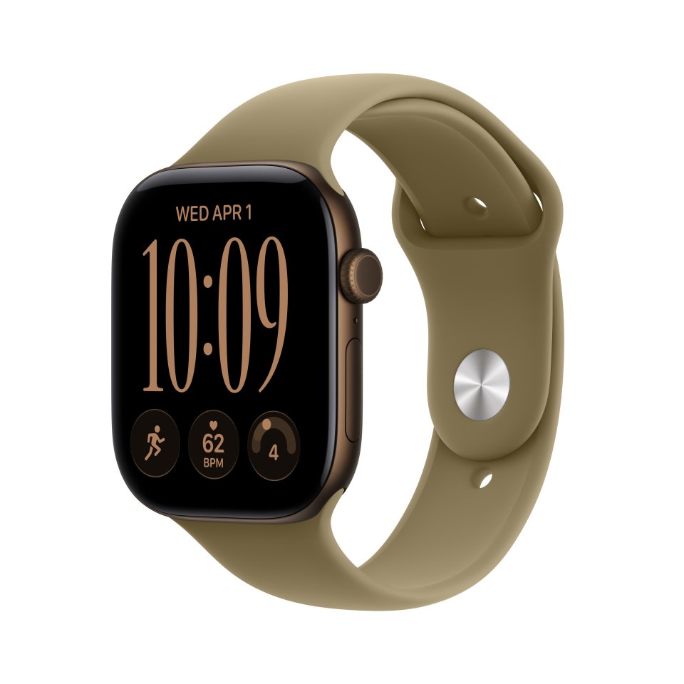 Apple Watch Series 12 (GPS) 46 mm tumma pronssi alumiinikuori ja oliivinvihreä urheiluranneke, M/L