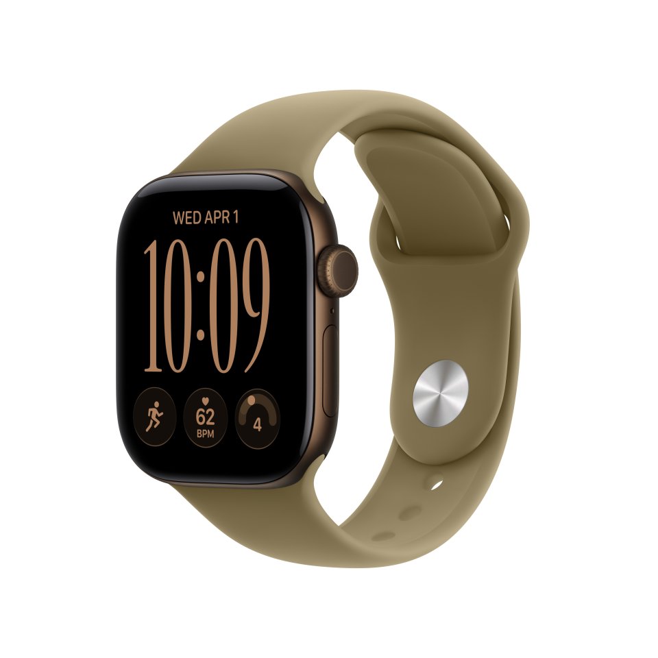 Apple Watch Series 12 (GPS) 42 mm tumma pronssi alumiinikuori ja oliivinvihreä urheiluranneke, M/L
