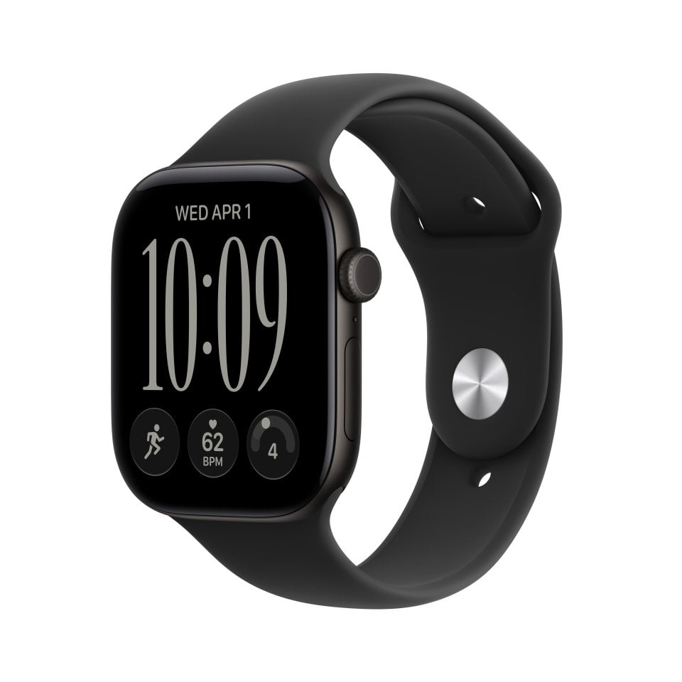 Apple Watch Series 12 (GPS) 46 mm musta alumiinikuori ja musta urheiluranneke, S/M