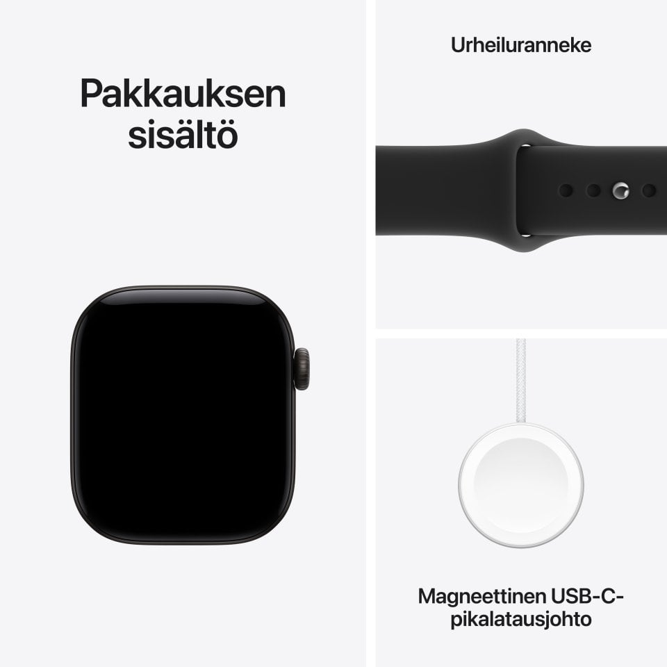 Apple Watch Series 12 (GPS) 42 mm musta alumiinikuori ja musta urheiluranneke, S/M