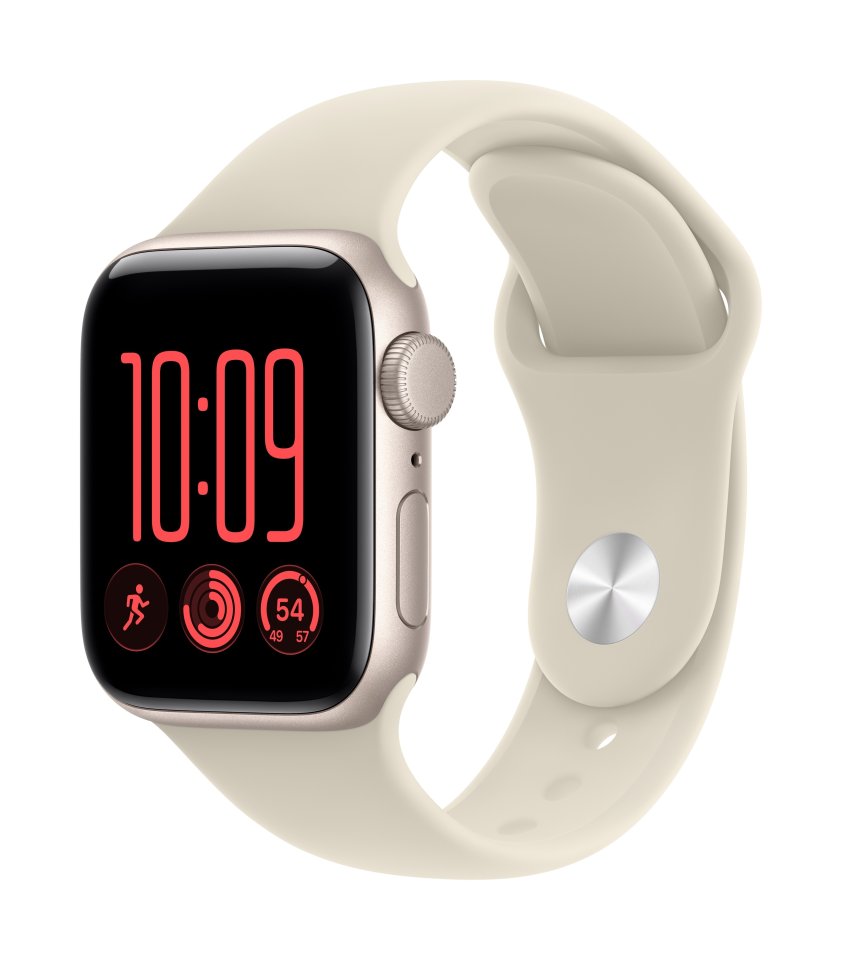 Apple Watch SE 3 (GPS) 40 mm tähtivalkea alumiinikuori ja hiekanvärinen urheiluranneke, S/M