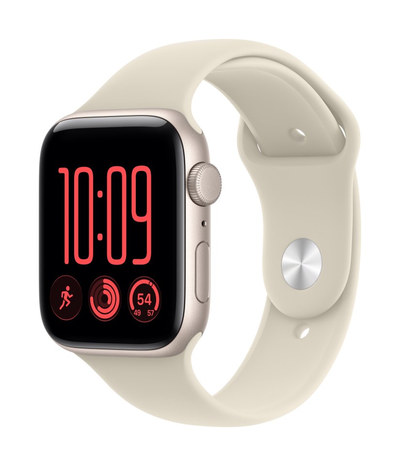 Apple Watch SE 3 (GPS) 44 mm tähtivalkea alumiinikuori ja hiekanvärinen urheiluranneke, M/L