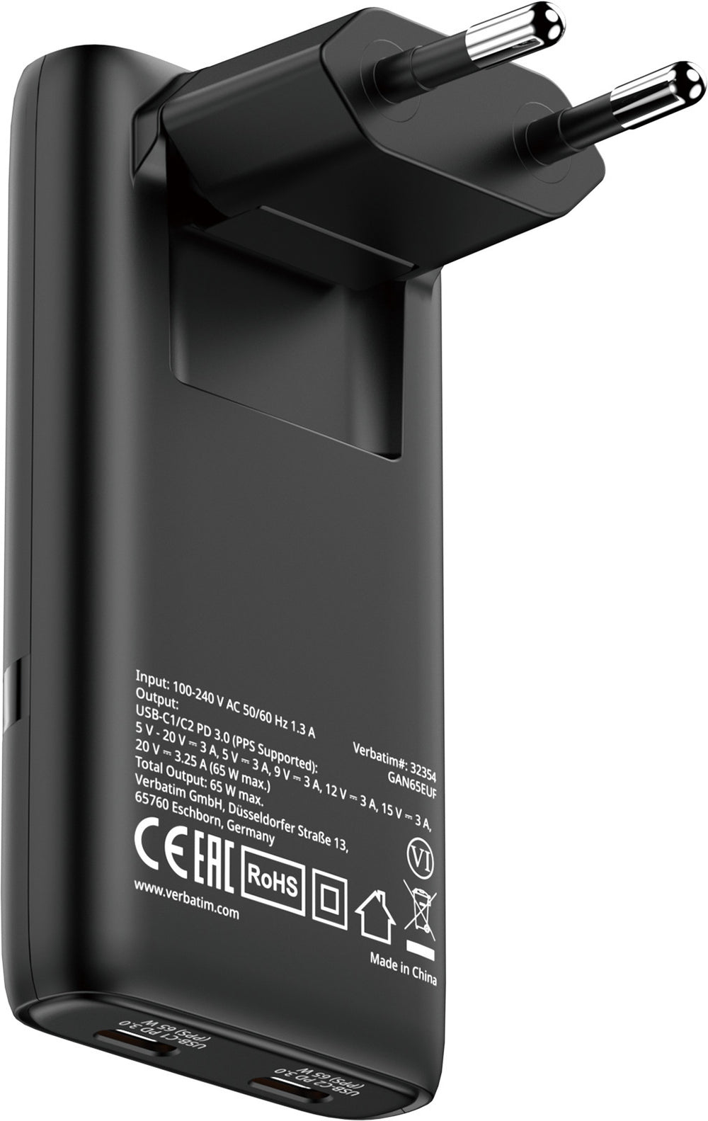 Verbatim Fold'n'Go 65W GaN taitettava laturi, musta – 1