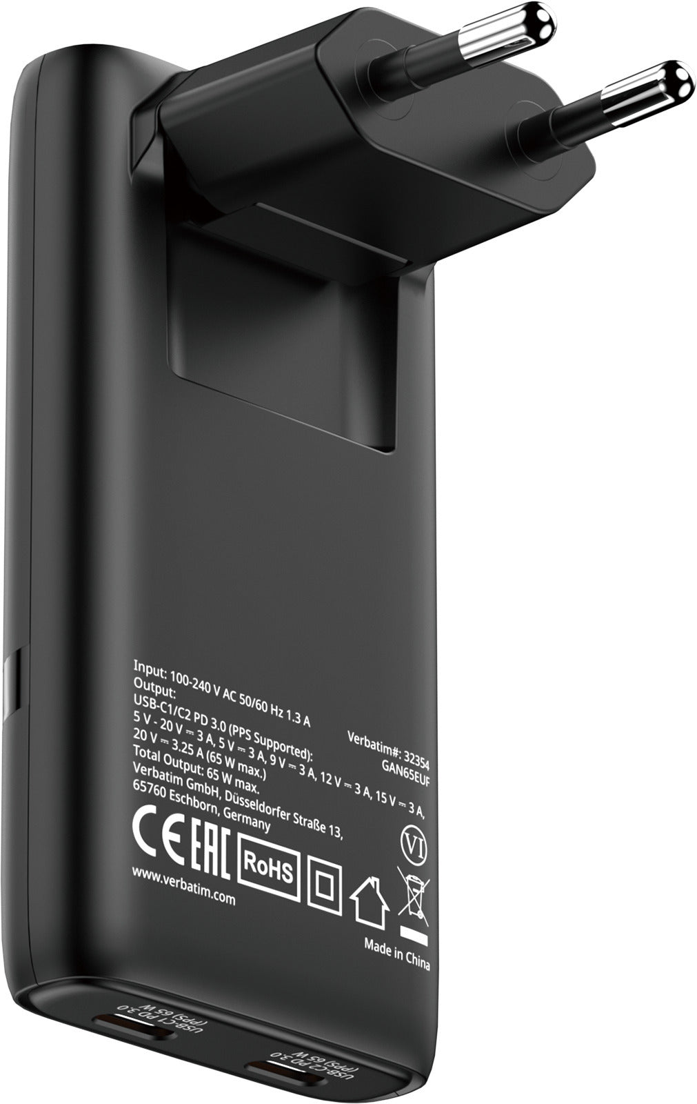 Verbatim Fold'n'Go 65W GaN taitettava laturi, musta – 1