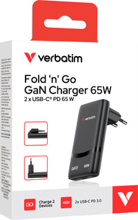 Verbatim Fold'n'Go 65W GaN taitettava laturi, musta – 3