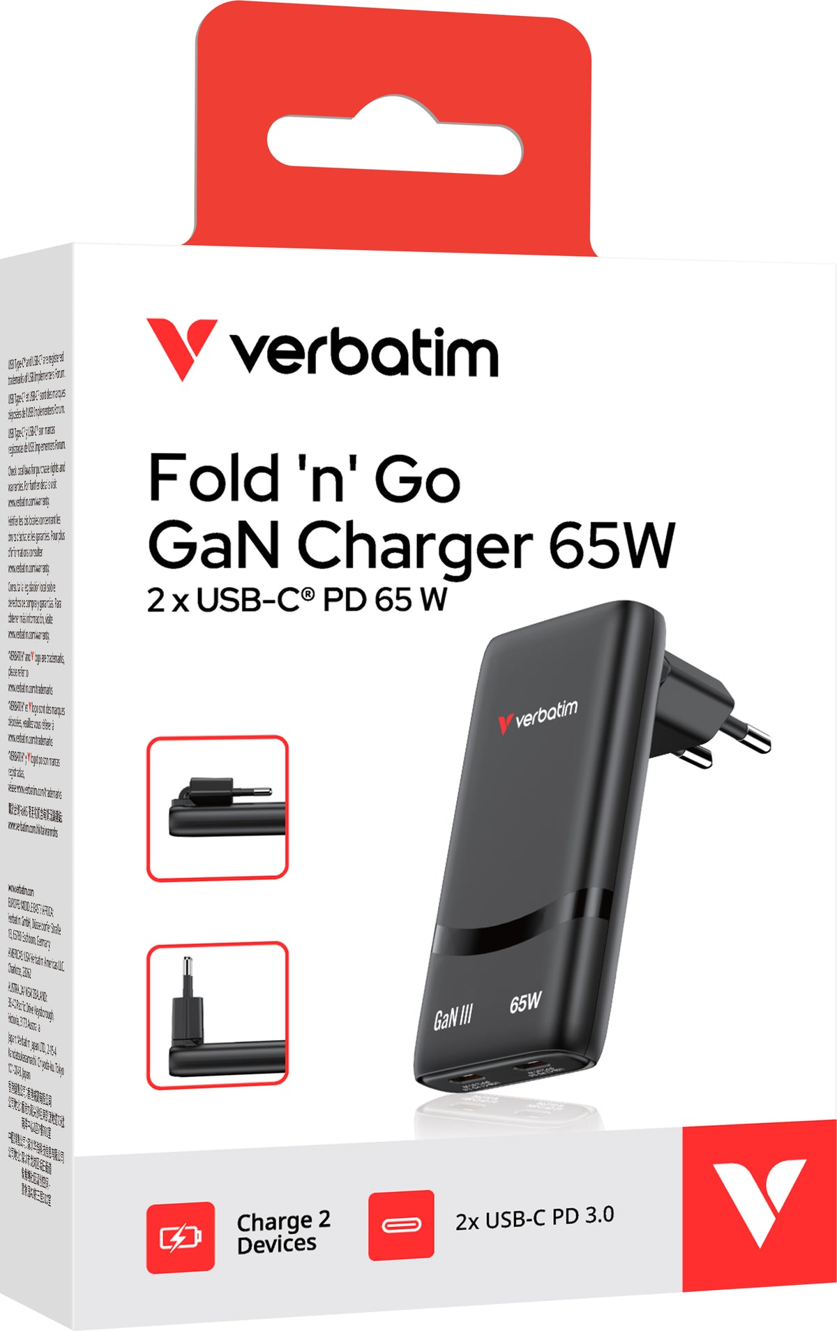 Verbatim Fold'n'Go 65W GaN taitettava laturi, musta – 3