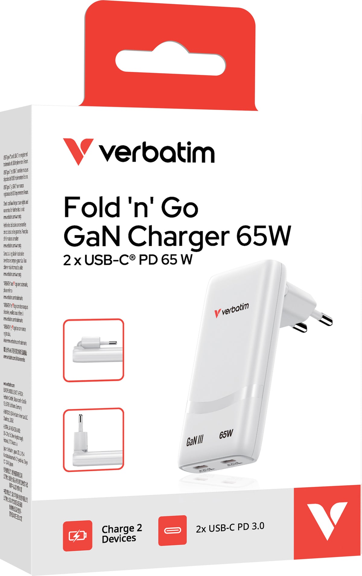 Verbatim Fold'n'Go 65W GaN taitettava laturi, valkoinen – 3