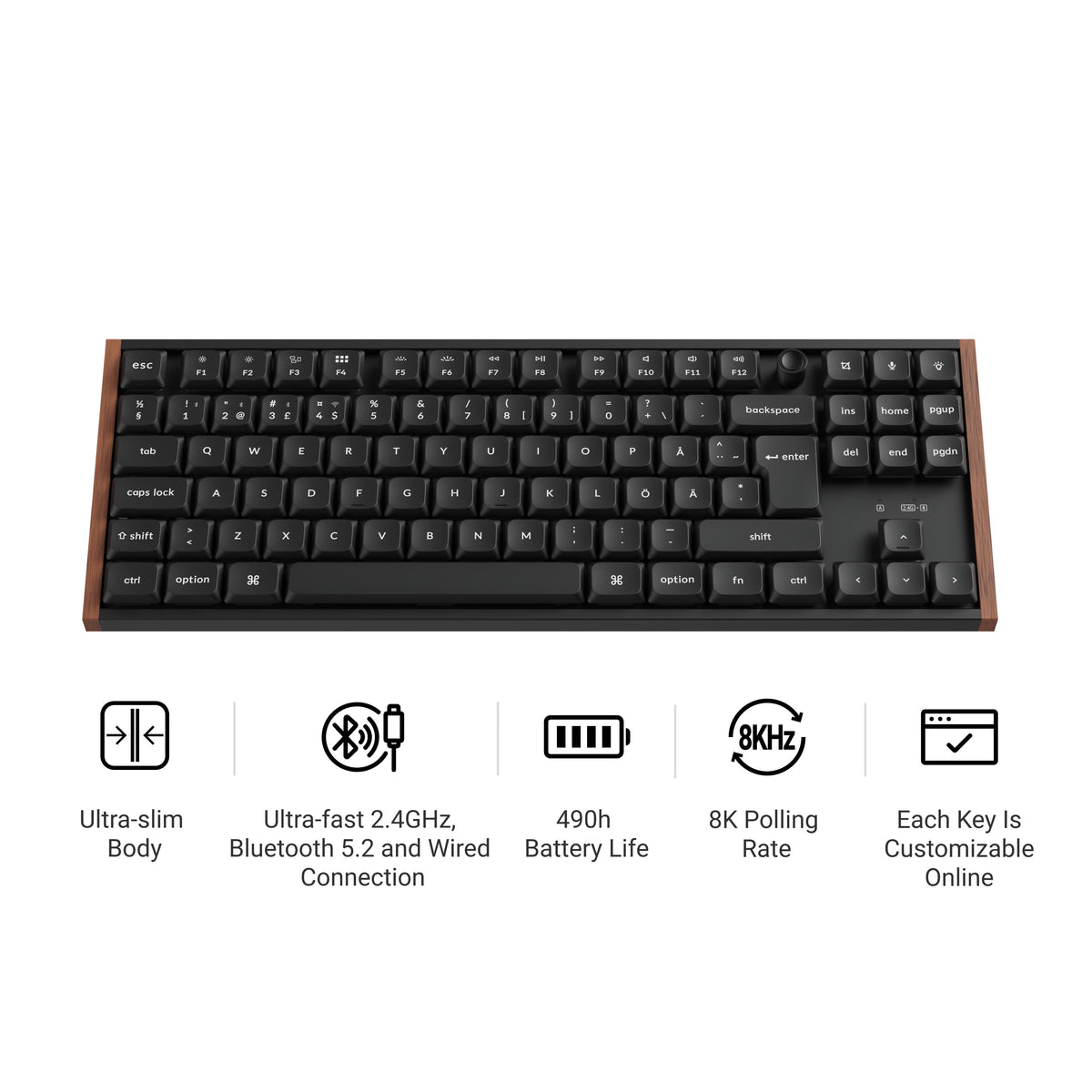 Keychron K1 Ultra SE 80% 8K Wireless näppäimistö, Wood Black, Milk POM Brown kytkimet – 7
