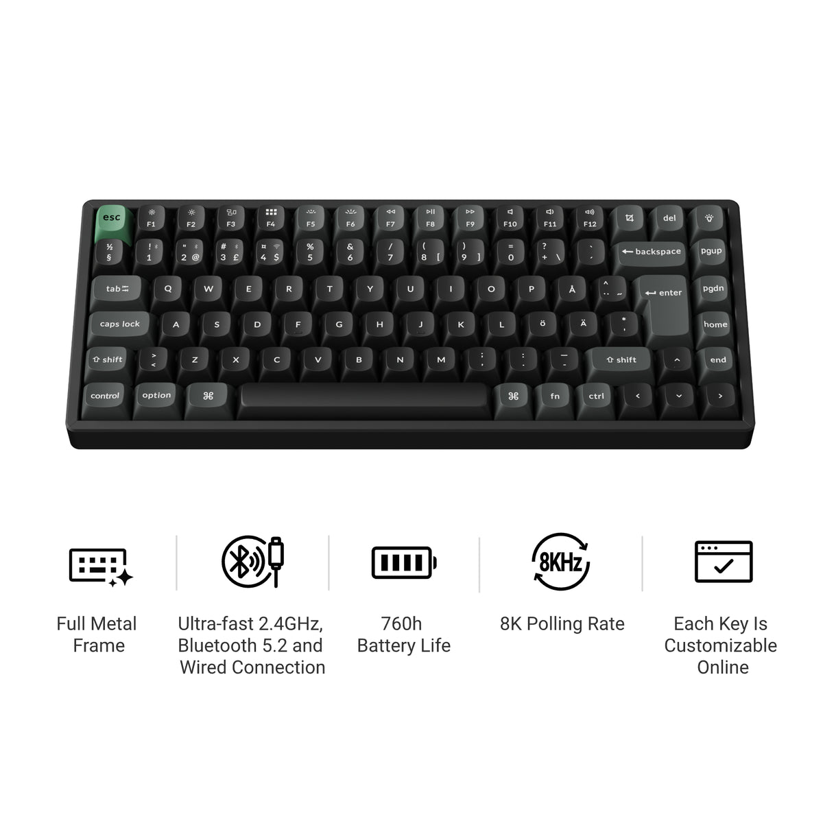 Keychron K2 Ultra 75% 8K Wireless näppäimistö, Black Apex, punaiset kytkimet – 8