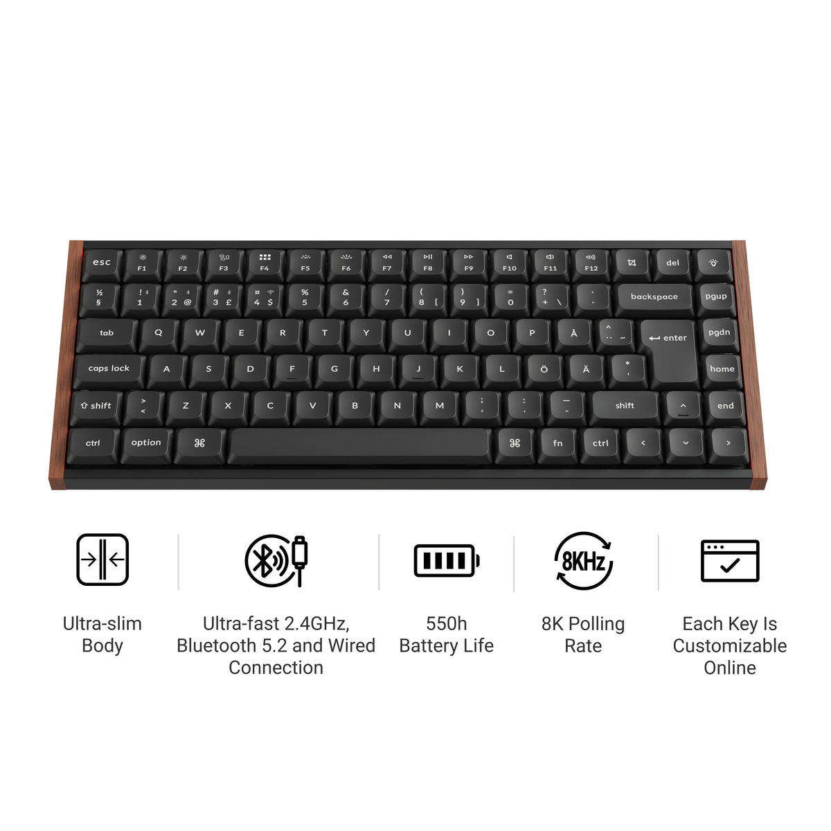 Keychron K3 Ultra SE 75% 8K Wireless näppäimistö, Wood Black, Milk POM Red kytkimet – 8
