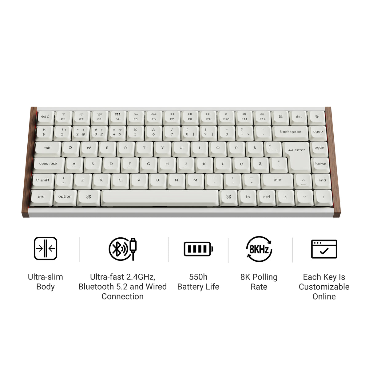 Keychron K3 Ultra SE 75% 8K Wireless näppäimistö, Wood White, Milk POM Red kytkimet – 7