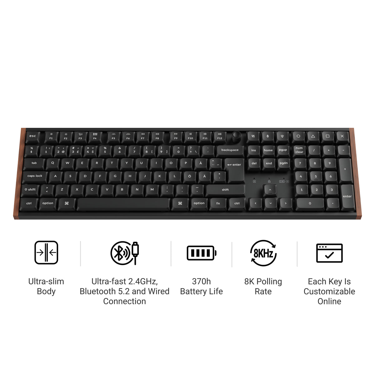 Keychron K5 Ultra SE 100% 8K Wireless näppäimistö, Wood Black, Milk POM Red kytkimet – 8