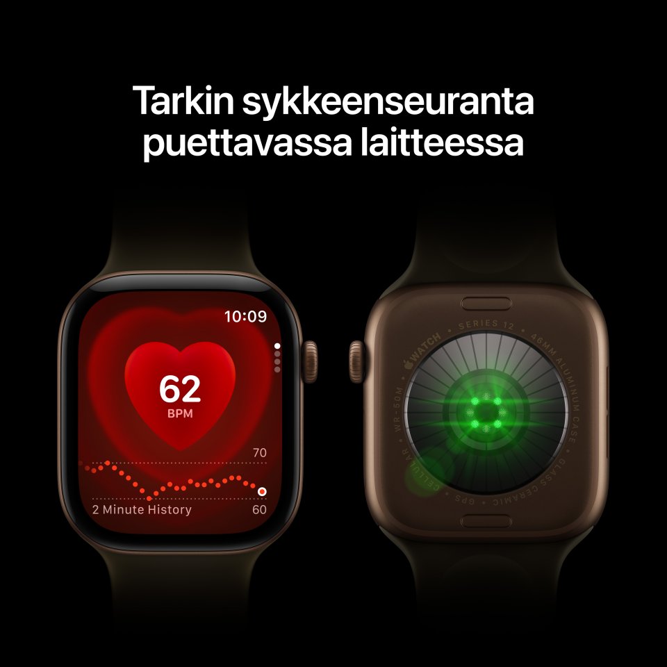 Apple Watch Series 12 (GPS + Cellular) 46 mm musta alumiinikuori ja musta urheiluranneke, S/M