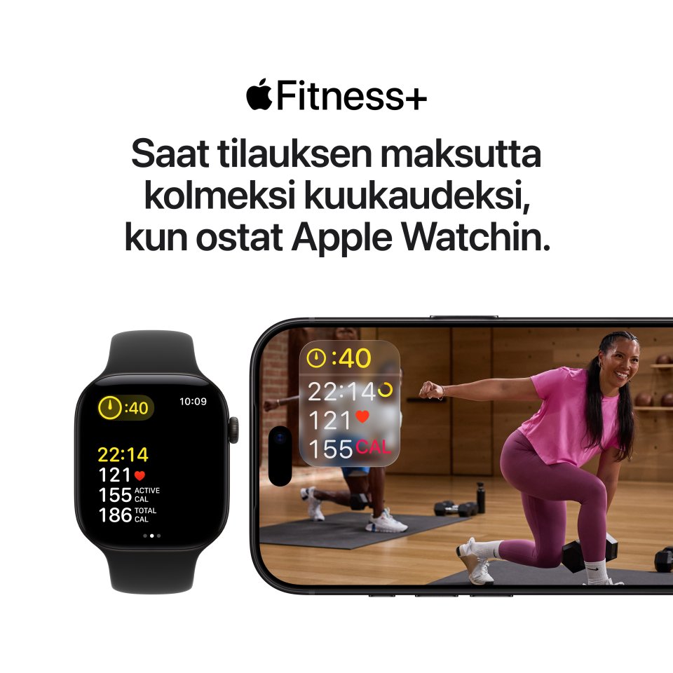 Apple Watch Series 12 (GPS + Cellular) 46 mm musta alumiinikuori ja musta urheiluranneke, S/M