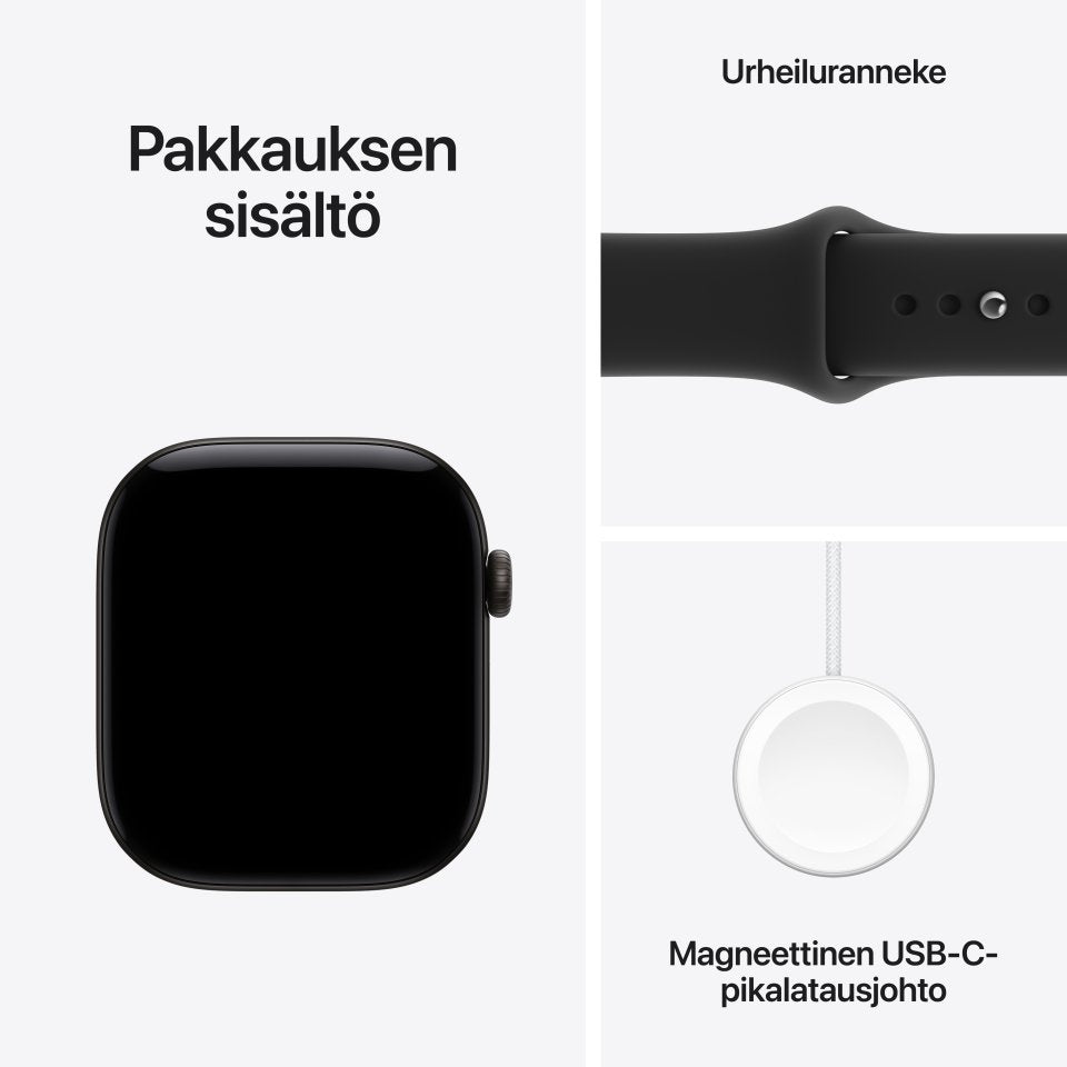 Apple Watch Series 12 (GPS + Cellular) 46 mm musta alumiinikuori ja musta urheiluranneke, S/M