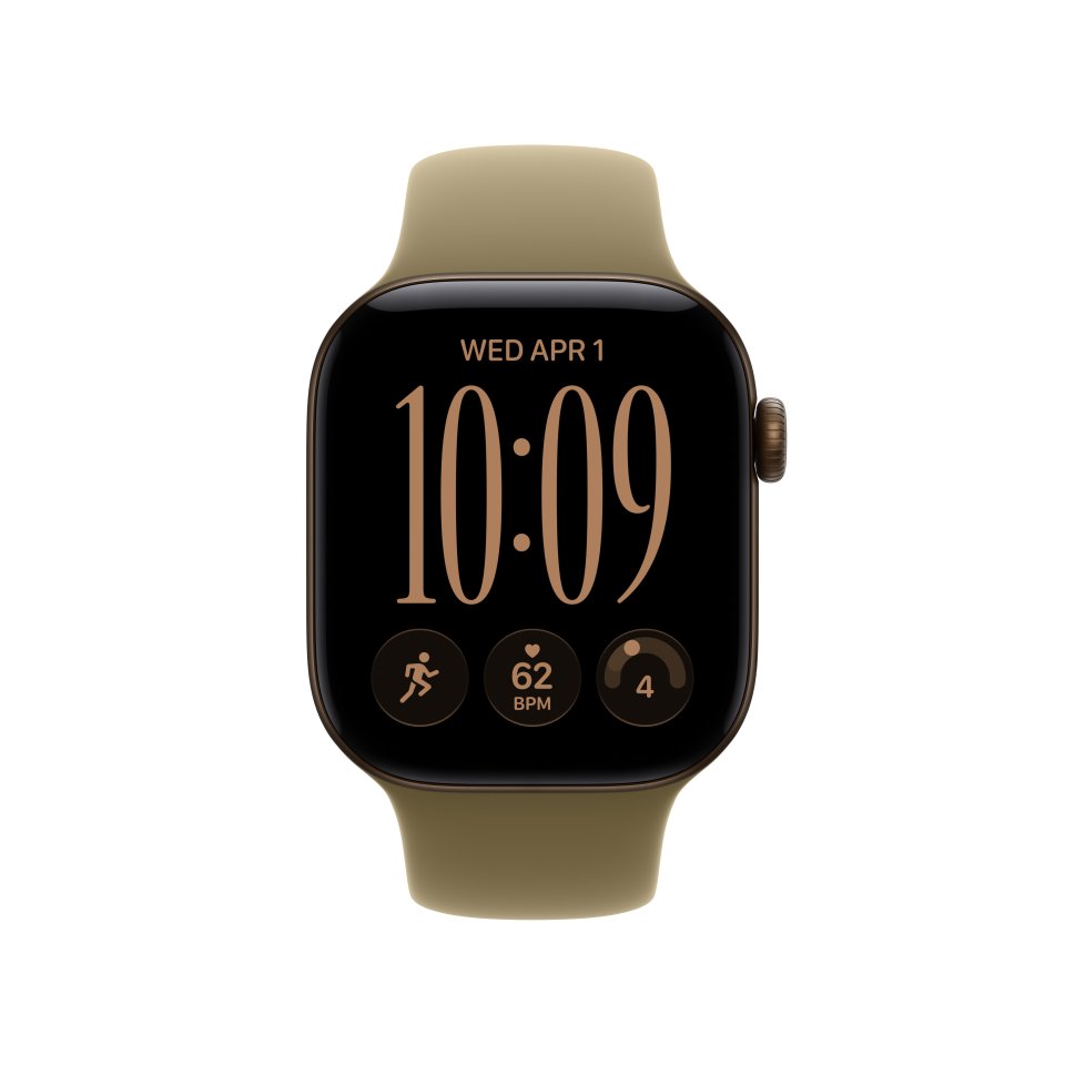 Apple Watch Series 12 (GPS + Cellular) 42 mm tumma pronssi alumiinikuori ja oliivinvihreä urheiluranneke, S/M