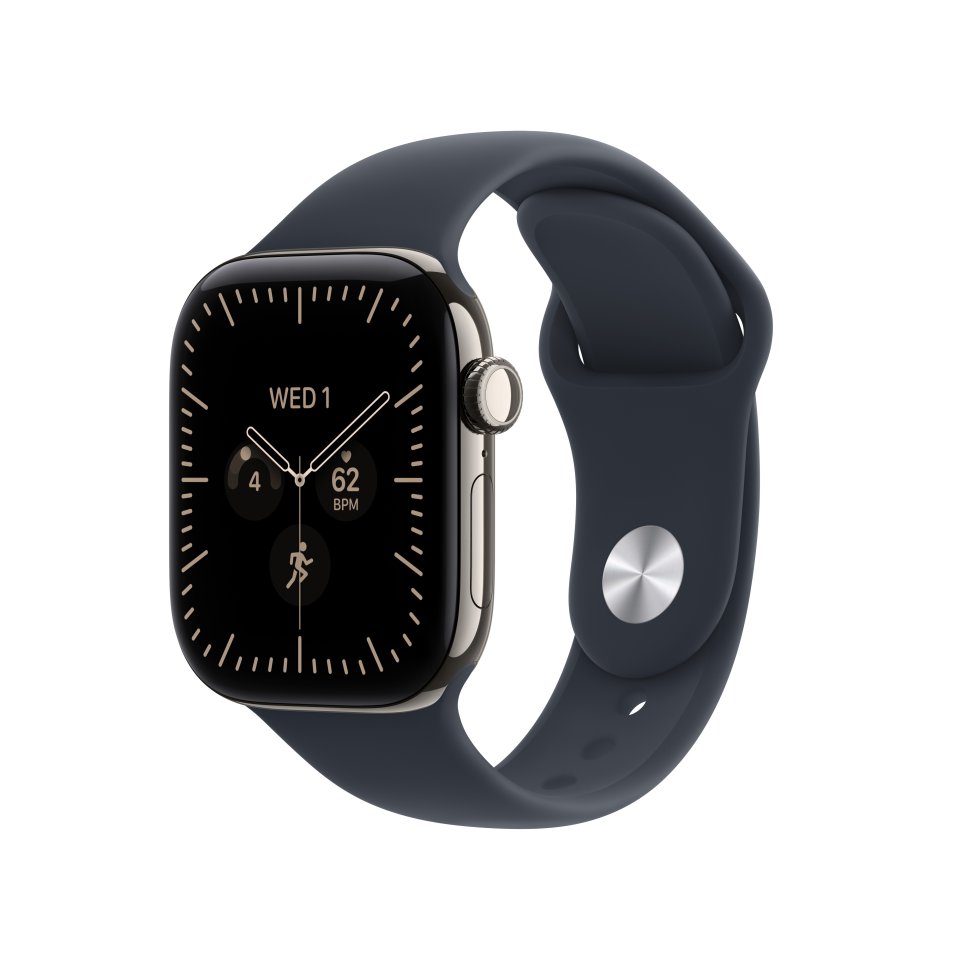 Apple Watch Series 12 (GPS + Cellular) 42 mm luonnonvaalea titaanikuori ja musteensininen urheiluranneke, S/M