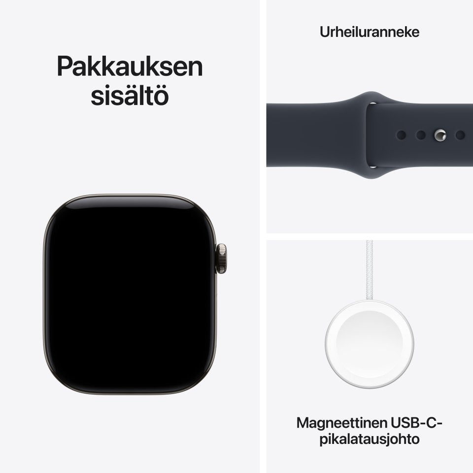 Apple Watch Series 12 (GPS + Cellular) 46 mm luonnonvaalea titaanikuori ja musteensininen urheiluranneke, M/L