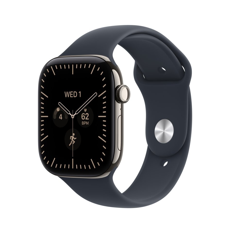 Apple Watch Series 12 (GPS + Cellular) 46 mm luonnonvaalea titaanikuori ja musteensininen urheiluranneke, M/L