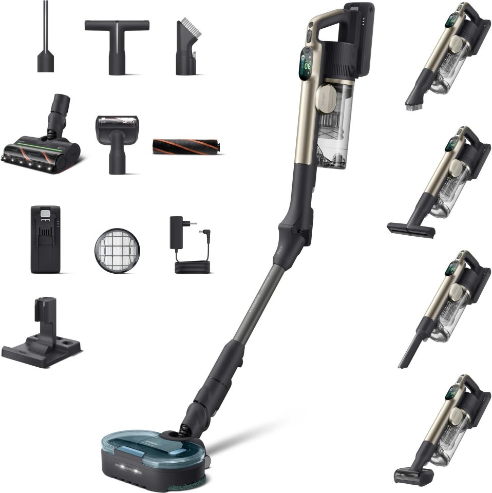 Philips PowerUp IQ 80 Aqua+ Complete XC8384/10 johdoton varsi-imuri, moppaustoiminto, musta/samppanja