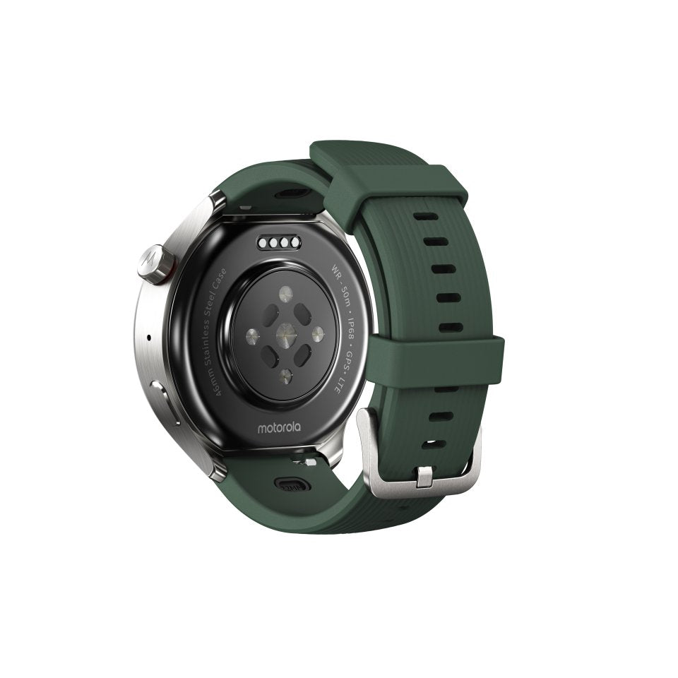moto watch ultra älykello, hopeanvärinen runko / vihreä ranneke