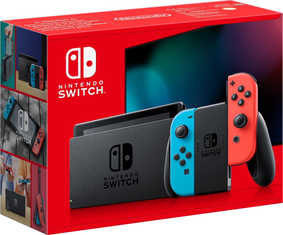 Nintendo Switch -pelikonsoli, neonpunainen ja neonsininen