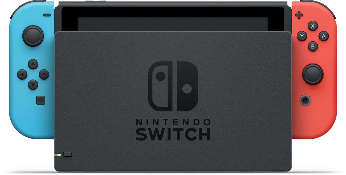 Nintendo Switch -pelikonsoli, neonpunainen ja neonsininen