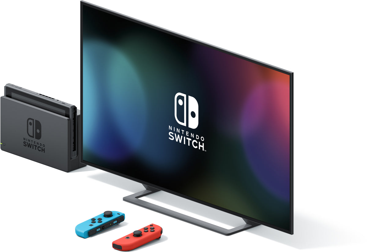 Nintendo Switch -pelikonsoli, neonpunainen ja neonsininen
