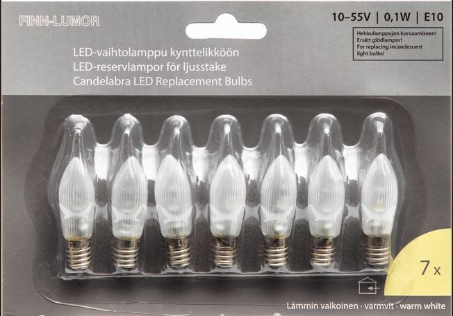 Finnlumor E10 LED-vaihtolamput, uritettu kupu, 7 kpl / LED-reservlampor, räfflad kupa, 7 st