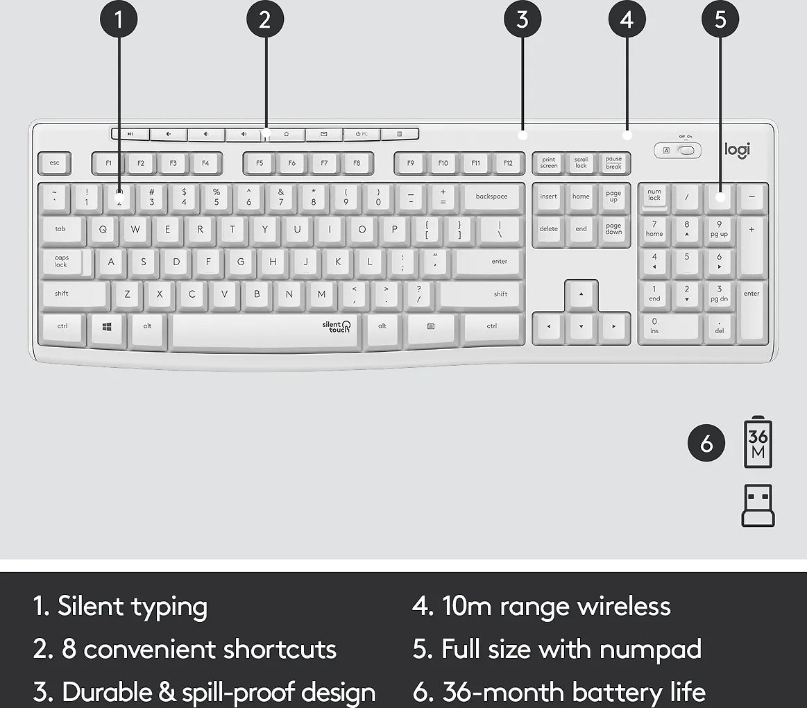 Logitech MK295 -näppäimistö ja hiiri, valkoinen